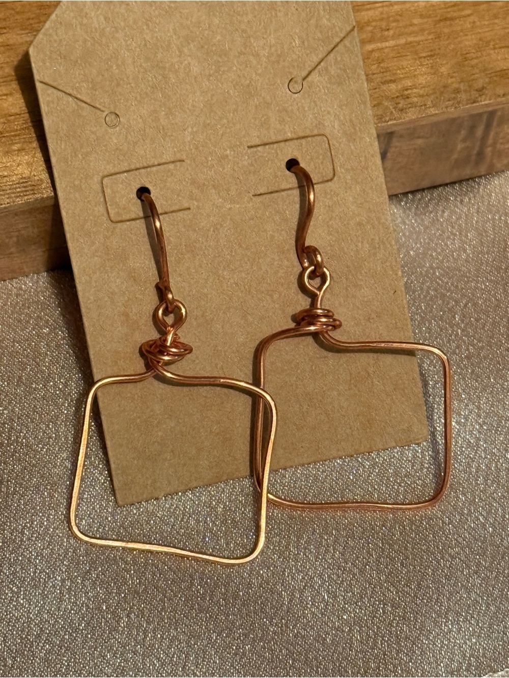 Handcrafted Copper Wire Square Hoop Earrings Minimalist Geometric Dangle - Picture 4 of 4